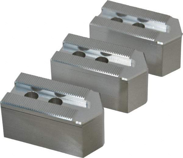 Masterman & Kovil - 6" Chuck Capacity, 1.5mm x 60° Serrated Attachment, Square Soft Lathe Chuck Jaw - 3 Jaws, Aluminum, 0.787" Btw Mount Hole Ctrs, 3mm Long x 1-1/2" Wide x 1-1/2" High, 0.473" Groove, 10mm Fastener - Best Tool & Supply