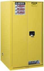 Justrite - 2 Door, 5 Shelf, Yellow Steel Standard Safety Cabinet for Flammable and Combustible Liquids - 65" High x 34" Wide x 34" Deep, Manual Closing Door, 3 Point Key Lock, 96 Gal Capacity - Best Tool & Supply