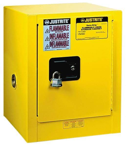 Justrite - 1 Door, 1 Shelf, Yellow Steel Bench Top Safety Cabinet for Flammable and Combustible Liquids - 22" High x 17" Wide x 17" Deep, Self Closing Door, 4 Gal Capacity - Best Tool & Supply