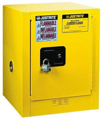 Justrite - 1 Door, 1 Shelf, Yellow Steel Bench Top Safety Cabinet for Flammable and Combustible Liquids - 22" High x 17" Wide x 17" Deep, Manual Closing Door, 4 Gal Capacity - Best Tool & Supply