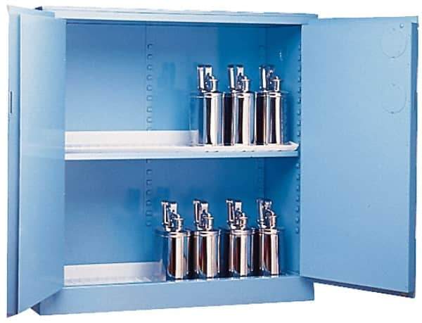 Justrite - 2 Door, 2 Shelf, Blue Steel Standard Safety Cabinet for Corrosive Chemicals - 65" High x 34" Wide x 34" Deep, Manual Closing Door, 3 Point Key Lock, 60 Gal Capacity - Best Tool & Supply