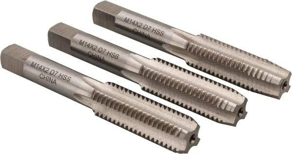 Interstate - M14x2.00 Metric Coarse, 4 Flute, Bottoming, Plug & Taper, Bright Finish, High Speed Steel Tap Set - Right Hand Cut, 3-19/32" OAL, 1-21/32" Thread Length - Best Tool & Supply