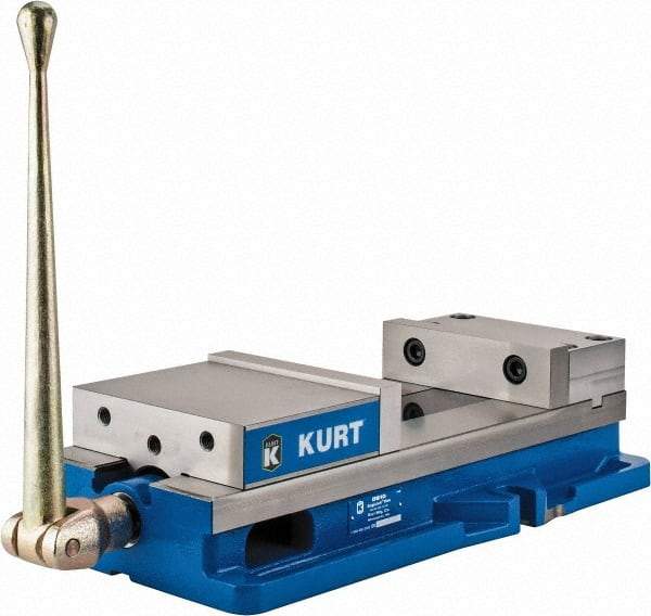 Kurt - 8" Jaw Width, 10" Jaw Opening Capacity, Horizontal Stationary Machine Vise - Manual Operation, 11,596 Lb Capacity, 1 Station, 24.185" Long x 5.51" High x 2-13/64" Deep, 2.2" Jaw Height, 80,000 psi Max Clamp Force, Ductile Iron - Best Tool & Supply