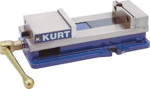 Kurt - 10" Jaw Width, 9-3/4" Jaw Opening Capacity, Horizontal Stationary Machine Vise - Manual Operation, 26,277 Lb Capacity, 1 Station, 29.19" Long x 6-13/16" High x 2-15/16" Deep, 2-1/2" Jaw Height, 80,000 psi Max Clamp Force, Ductile Iron - Best Tool & Supply