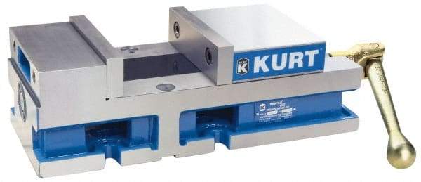 Kurt - 6" Jaw Width, 4" Jaw Opening Capacity, Horizontal Stationary Machine Vise - Manual Operation, 6,356 Lb Capacity, 1 Station, 14.88" Long x 4.6720" High x 1-31/64" Deep, 1.735" Jaw Height, 80 Lb Max Clamp Force - Best Tool & Supply