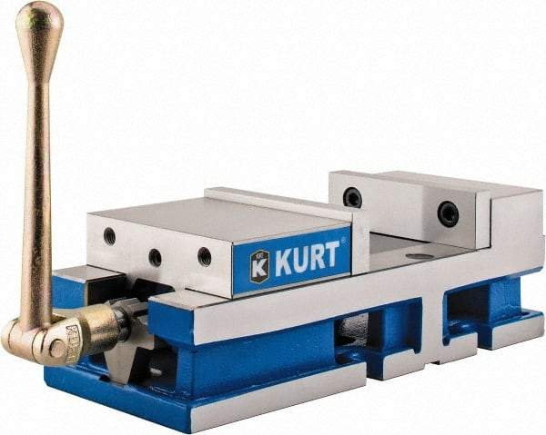 Kurt - 6" Jaw Width, 6" Jaw Opening Capacity, Horizontal Stationary Machine Vise - Manual Operation, 6,356 Lb Capacity, 1 Station, 17" Long x 4.6720" High x 1-31/64" Deep, 1.735" Jaw Height, 80 Lb Max Clamp Force - Best Tool & Supply