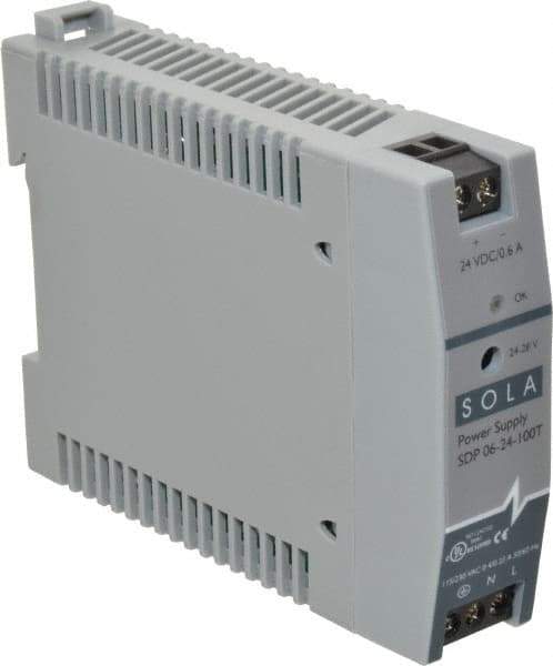 Sola/Hevi-Duty - 100 Watt, 0.60 Amp, 264 VAC, 375 VDC Input, 24 to 28 VDC Output, DIN Rail Power Supply - Screw Terminal Connection, 1 Output, 0.9 Inch Wide x 3.8 Inch Deep x 2.95 Inch High, Up to 80% Efficiency, 14 to 140°F, Green LED Display - Best Tool & Supply