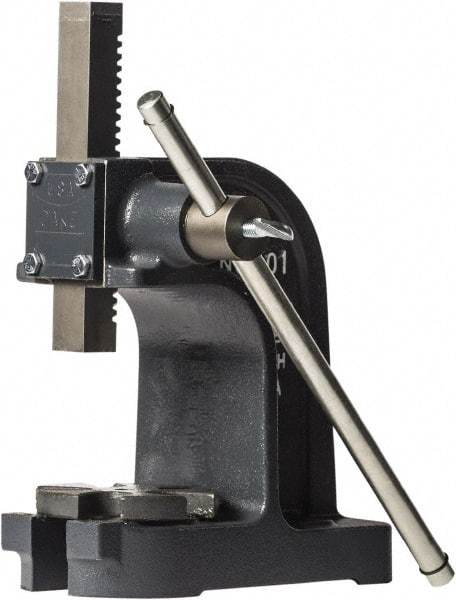 Dake - 1" Ram, 3-1/2" Throat Depth, 1 Ton Manual Arbor Press - 4-1/2" Max Work Height x 7" Max Work Width, Single Leverage, 25:1 Leverage Ratio, 4-1/4" Base Width x 9" Base Depth - Best Tool & Supply