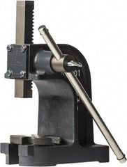 Dake - 1" Ram, 3-1/2" Throat Depth, 1 Ton Manual Arbor Press - 4-1/2" Max Work Height x 7" Max Work Width, Single Leverage, 25:1 Leverage Ratio, 4-1/4" Base Width x 9" Base Depth - Best Tool & Supply