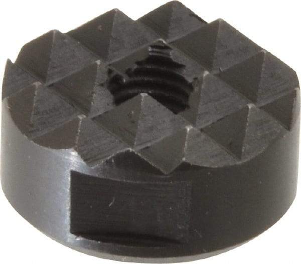 Fairlane - 1/4-28 Thread, 3/4" Diam, 3/8" High, Threaded, Coarse Tooth Grade Diamond Serration Tooth Pattern, High Speed Steel, Round Positioning Gripper - 3/16" Flat Width, Black Oxide Coated - Best Tool & Supply