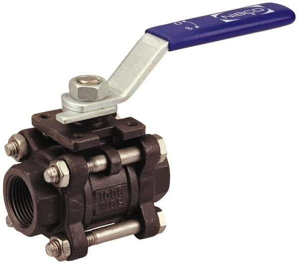 NIBCO - 2" Pipe, Full Port, Carbon Steel Standard Ball Valve - 3 Piece, Inline - One Way Flow, FNPT x FNPT Ends, Lever Handle, 1,000 WOG - Best Tool & Supply