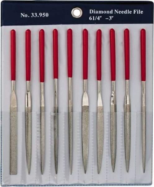 Grobet - 10 Piece Diamond Pattern File Set - 6-1/4" Long, Medium Coarseness, Set Includes Flat, Round, Square, Three Square - Best Tool & Supply