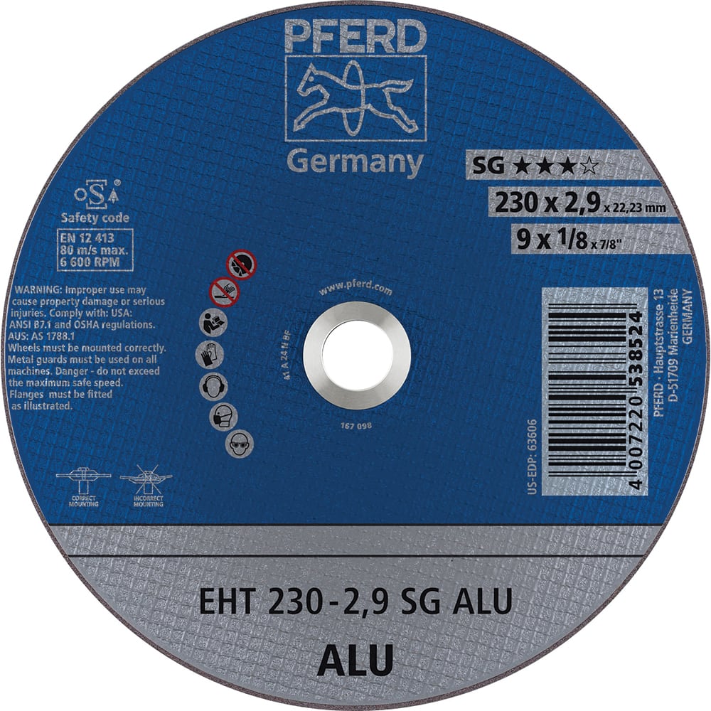 PFERD - Cutoff Wheels; Tool Compatibility: Angle Grinder ; Wheel Diameter (Inch): 9 ; Wheel Thickness (Inch): 1/8 ; Abrasive Material: Aluminum Oxide/Silicon Carbide ; Maximum RPM: 6600.000 ; Grit: 30 - Exact Industrial Supply