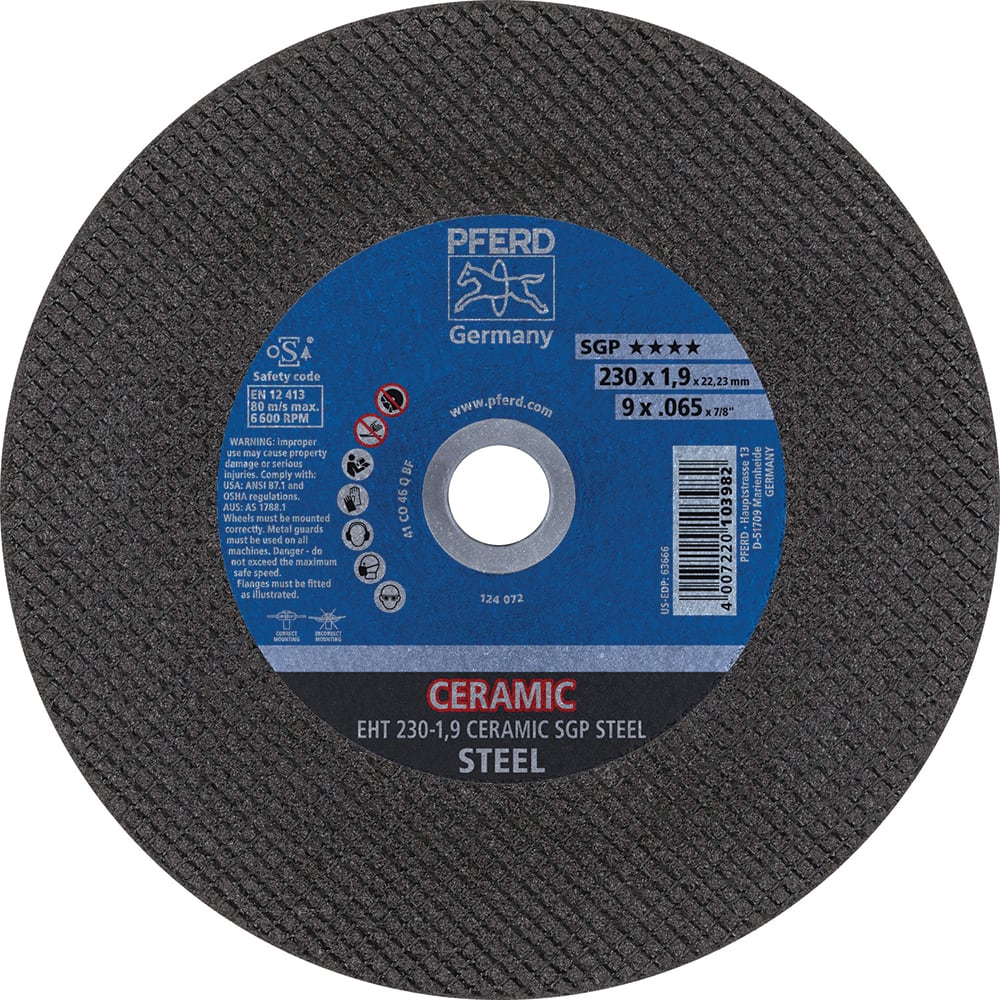 PFERD - Cutoff Wheels; Tool Compatibility: Angle Grinder ; Wheel Diameter (Inch): 9 ; Wheel Thickness (Inch): 0.0650 ; Abrasive Material: Ceramic Oxide ; Maximum RPM: 6600.000 ; Grit: 46 - Exact Industrial Supply