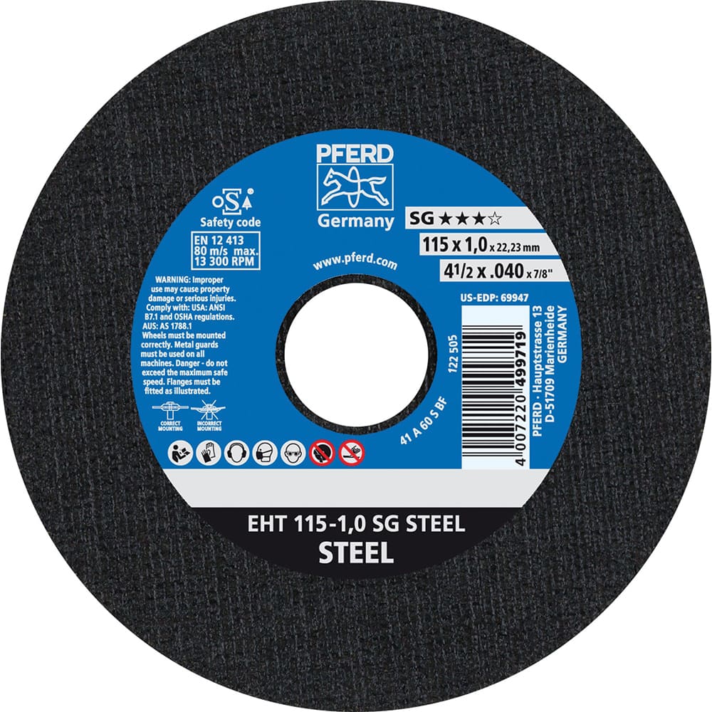 PFERD - Cutoff Wheels; Tool Compatibility: Angle Grinder ; Wheel Diameter (Inch): 4-1/2 ; Wheel Thickness (Inch): 0.0400 ; Abrasive Material: Aluminum Oxide ; Maximum RPM: 13300.000 ; Grit: 46 - Exact Industrial Supply