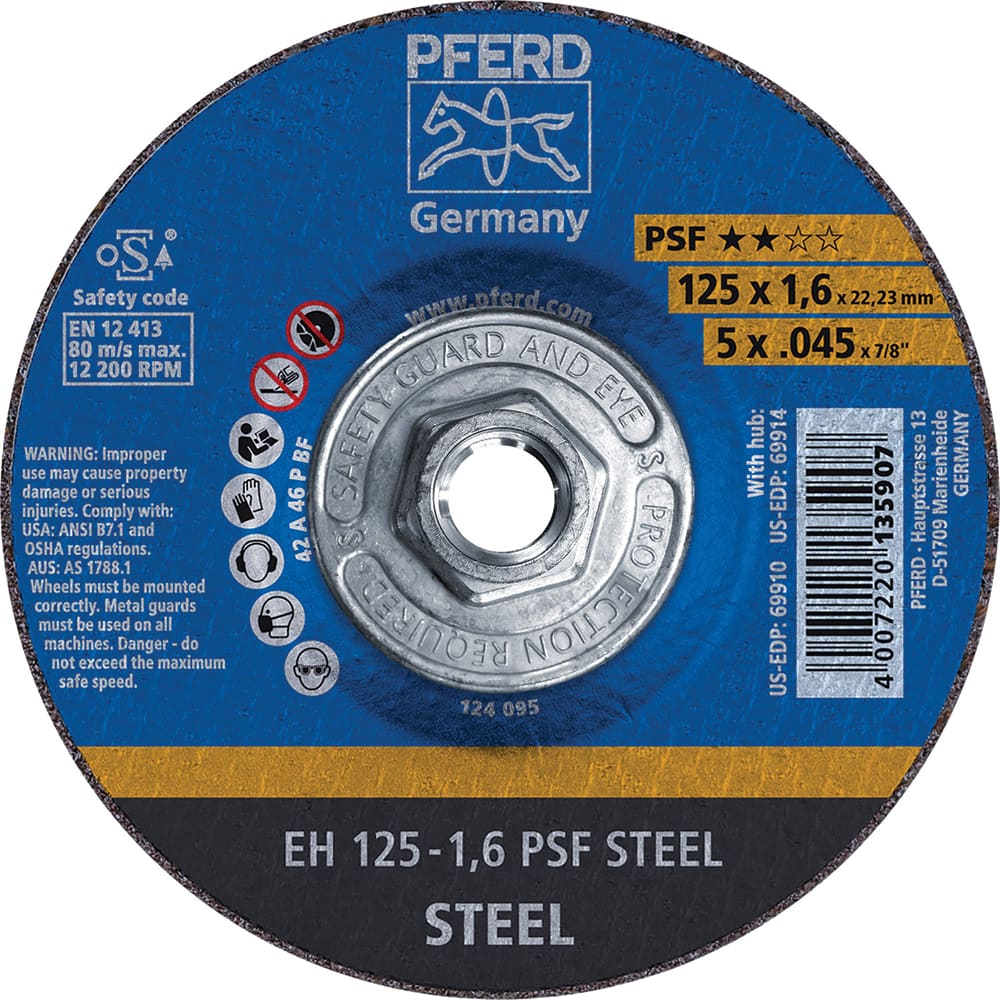 PFERD - Depressed-Center Wheels; Hole Thread Size: 5/8-11 ; Connector Type: Arbor ; Wheel Type Number: Type 27 ; Abrasive Material: Aluminum Oxide ; Maximum RPM: 12200.000 ; Grit: 46 - Exact Industrial Supply