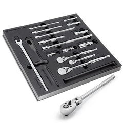 Powerbuilt - Ratchets; Tool Type: Ratchet and Socket Accessorie Set ; Drive Size (Inch): 1/4, 3/8, 1/2 ; Head Shape: Pear ; Head Features: Sealed ; Finish/Coating: Chrome Vanadium; Chrome Plated ; Overall Length (Inch): 12 - Exact Industrial Supply