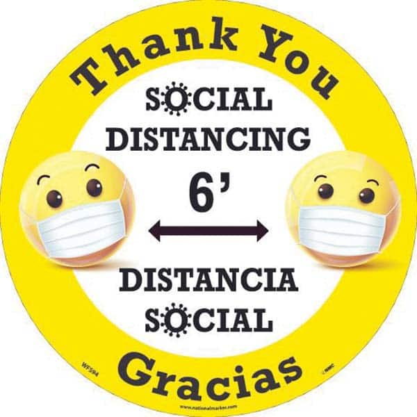 Adhesive Backed Floor Signs; Message Type: COVID-19; Graphic Type: Arrows; Message or Graphic: Message & Graphic; Message/Graphic: Message & Graphic; Legend: THANK YOU SOCIAL DISTANCING 6', DISTANCIA SOCIAL GRACIAS; Color: White; Yellow; Black; Legend Col