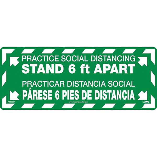 Adhesive Backed Floor Signs; Message Type: COVID-19; Graphic Type: None; Message or Graphic: Message & Graphic; Legend: Practice Social Distancing Stand 6 Ft Apart, Practicar Distancia Social Parese 6 Pies De Distancia; Color: White; Green; Special Color