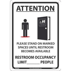 Sign: Rectangle & Square, ″Attention Please Stand On Marked Spaces Until Restroom Becomes Available. Restroom Occupancy Limit ___ People″ Aluminum, 14″ High