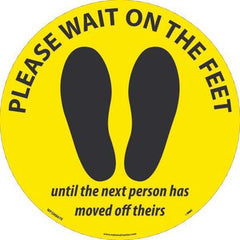 Adhesive Backed Floor Signs; Message Type: COVID-19; Graphic Type: Shoeprints; Message or Graphic: Message & Graphic; Legend: Please Wait On The Feet Until The Next Person Has Moved Off Theirs; Color: Yellow; Black; Special Color Properties: No Special Pr