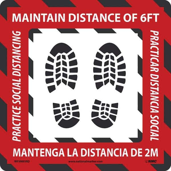 Adhesive Backed Floor Signs; Message Type: COVID-19; Graphic Type: Shoeprints; Message or Graphic: Message & Graphic; Message/Graphic: Message & Graphic; Legend: THANK YOU SOCIAL DISTANCING 6', DISTANCIA SOCIAL GRACIAS; Color: Red; White; Black; Legend Co