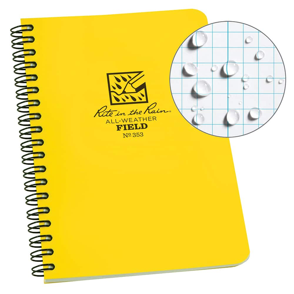 Rite in the Rain - Note Pads, Writing Pads & Notebooks; Writing Pads & Notebook Type: Spiral Bound Notebook ; Size: 4-5/8 x 7 ; Number of Sheets: 32 ; Color: Yellow ; Additional Information: Weatherproof - Exact Industrial Supply