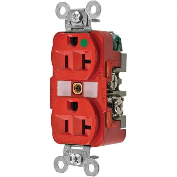 125V 20A NEMA 5-20R Hospital Grade Red Straight Blade Duplex Receptacle 1 Phase, 2 Pole, 3 Wire, Grounded, Flush Mount