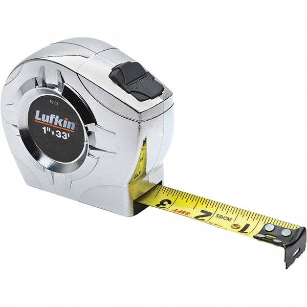 Lufkin - 33' x 1" Yellow Steel Blade Tape Measure - 1/16" & 1/10 & 1/100' Graduation, Inch Graduation Style, Chrome ABS Plastic Case - Best Tool & Supply