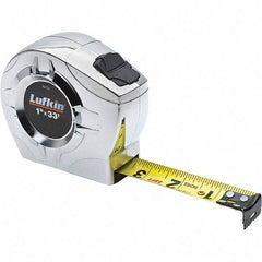 Lufkin - 33' x 1" Yellow Steel Blade Tape Measure - 1/16" & 1/10 & 1/100' Graduation, Inch Graduation Style, Chrome ABS Plastic Case - Best Tool & Supply