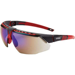 Uvex - Blue Mirror Lenses, Framed Safety Glasses - Scratch Resistant, Red Frame, Adjustable Temples, Size Universal, Wrap Around - Best Tool & Supply