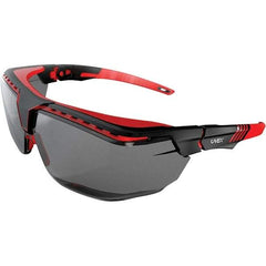 Uvex - Gray Lenses, Framed Safety Glasses - Scratch Resistant, Black/Red Frame, Adjustable Temples, Size Universal, Over the Glasses - Best Tool & Supply