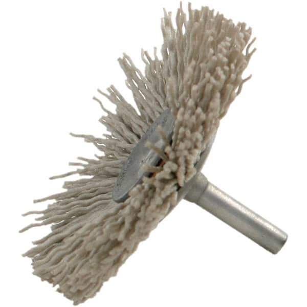 Brush Research Mfg. - 120 Grit, 1-1/2" Brush Diam, Crimped, Flared End Brush - Medium Grade, 1/4" Diam Steel Shank, 2,500 Max RPM - Best Tool & Supply