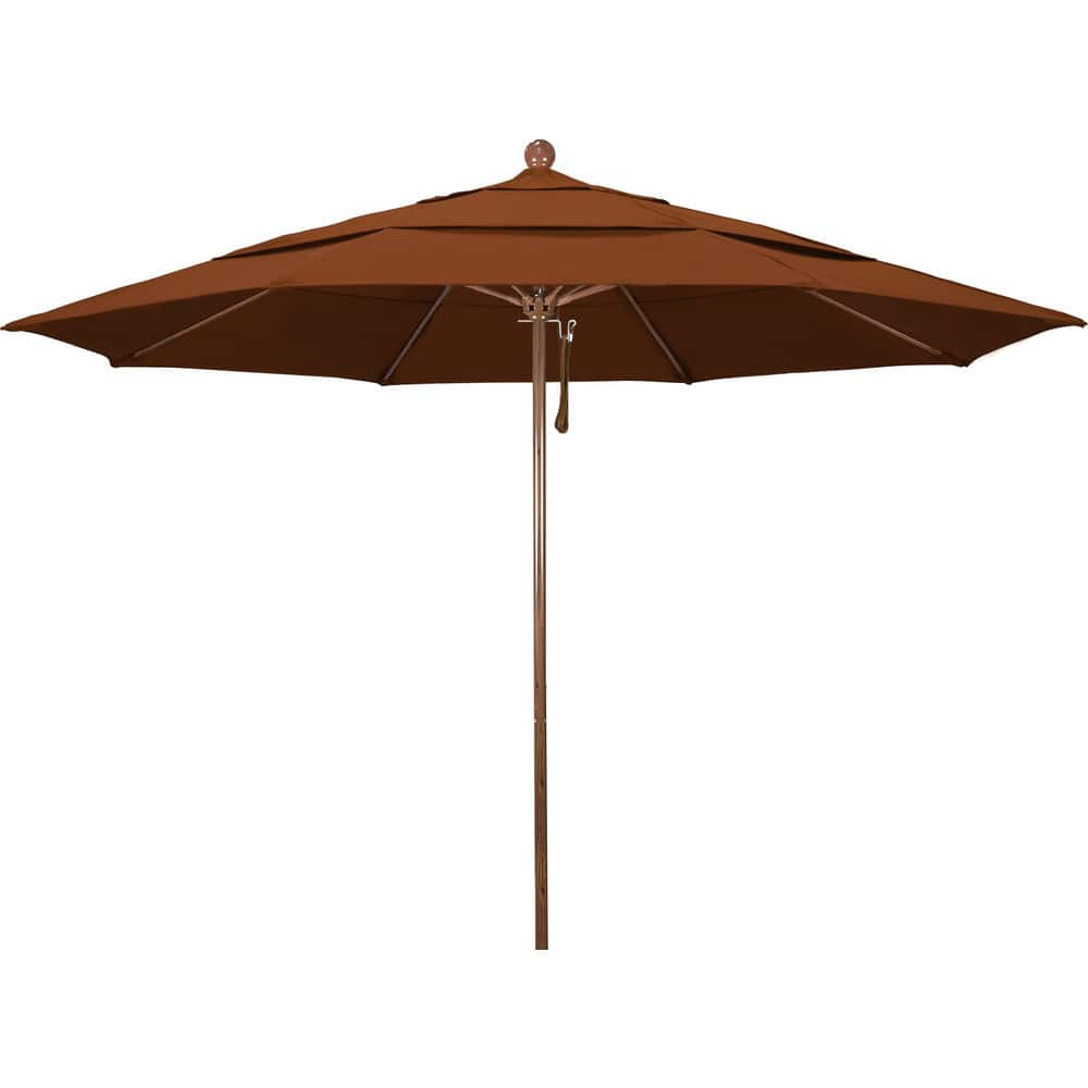 Patio Umbrellas; Diameter (Feet): 11; Height (Feet): 8.917; Fabric Color: Brick; Base Included: No; Canopy Fabric: Pacifica; Fade Resistant: Yes; Additional Information: Pulley Lift; Frame Material: Aluminum