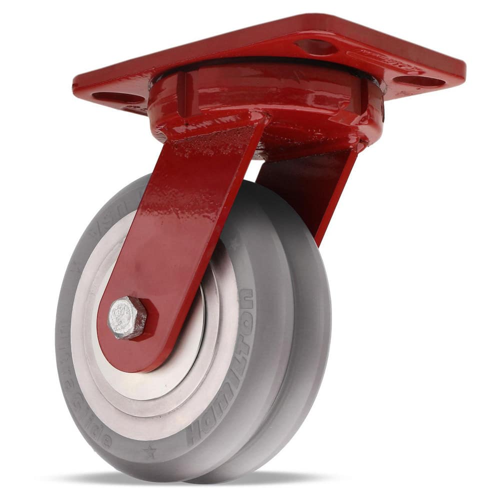 Swivel Top Plate Caster: Polyurethane on Aluminum, 4″ Wheel Dia, 3″ Wheel Width, 900 lb Capacity, 5-3/8″ OAH 6.5″ Plate Length, 4.5″ Plate Width, Non-Marking