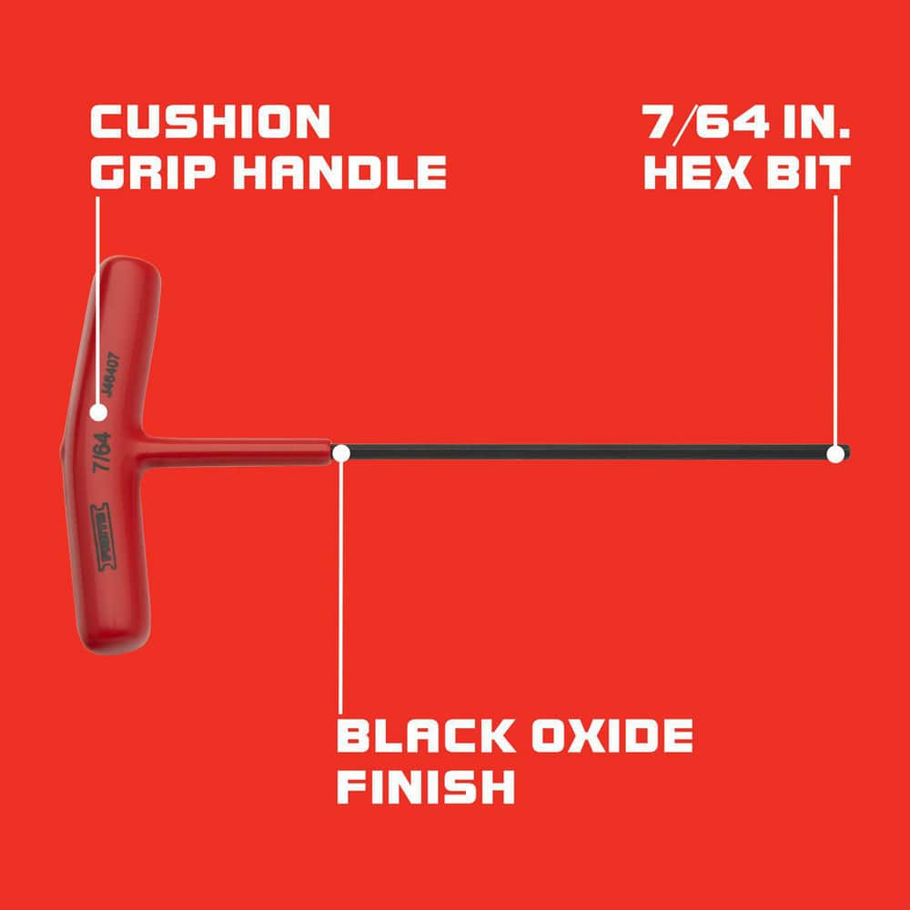 Hex Keys; End Type: Hex; Handle Type: T-Handle; Arm Style: T-Handle; Arm Length: 0.75 in; 4.438 in; Handle Color: Red; Insulated: No; Overall Length: 4.44