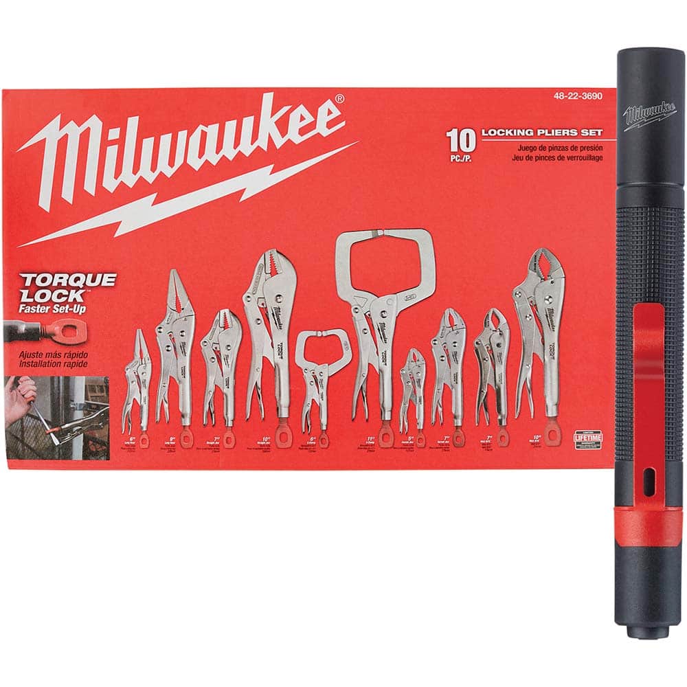 Milwaukee Tool - Plier Sets; Set Type: Locking Pliers ; Number of Pieces: 11.000 ; Container Type: Plastic Tray ; Contents: 10" MAXBITE; 10" Torque Lock; 11" Torque Lock; 5" Curved Jaw; 6" Long Nose; 6" Torque Lock; 7" Curved Jaw; 7" MAXBITE; 7" Torque L - Exact Industrial Supply