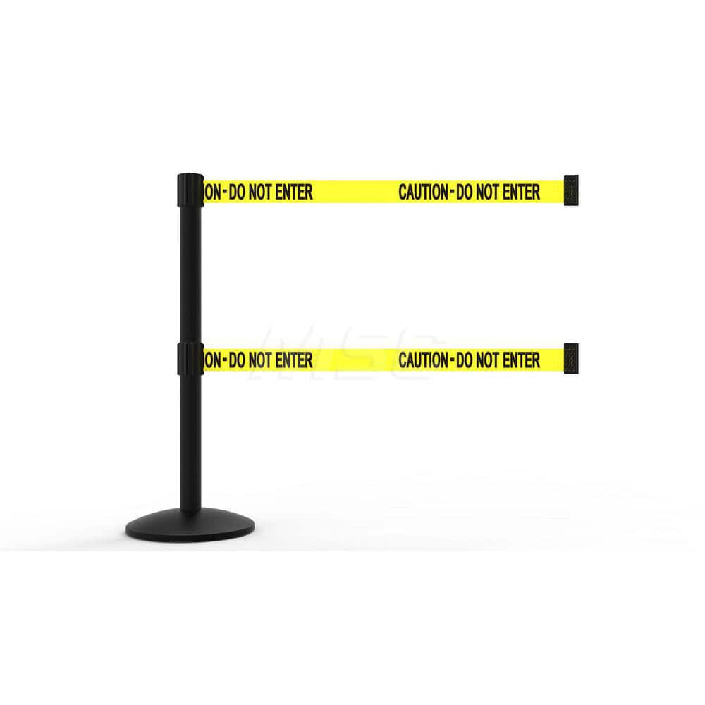 Free Standing Retractable Belt Barrier Post: 40″ High, 2.4″ Dia, Aluminum Post Cast Iron, Black & Yellow