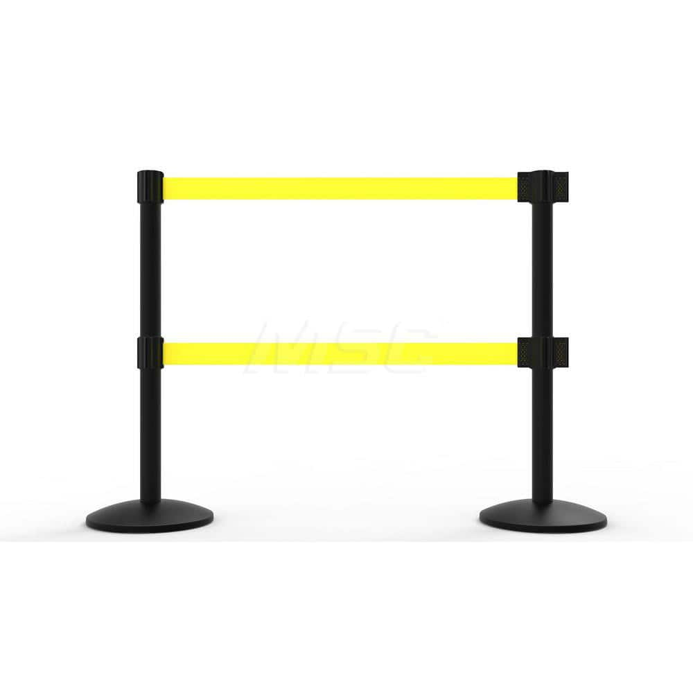 Free Standing Retractable Belt Barrier Post: 40″ High, 2.4″ Dia, Aluminum Post Cast Iron, Black & Yellow