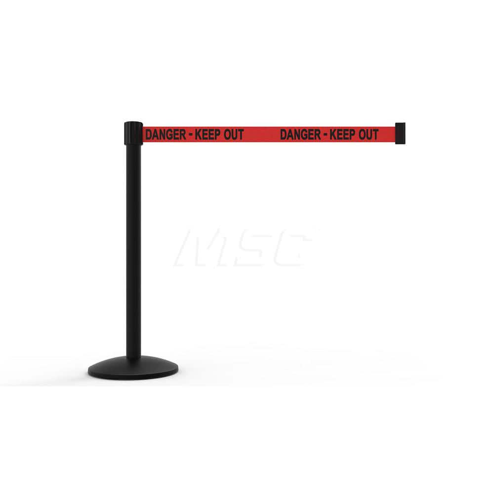 Free Standing Retractable Belt Barrier Post: 40″ High, 2.4″ Dia, Aluminum Post Cast Iron, Black & Red