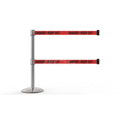 Free Standing Retractable Belt Barrier Post: 40″ High, 2.4″ Dia, Aluminum Post Cast Iron, Red & Silver