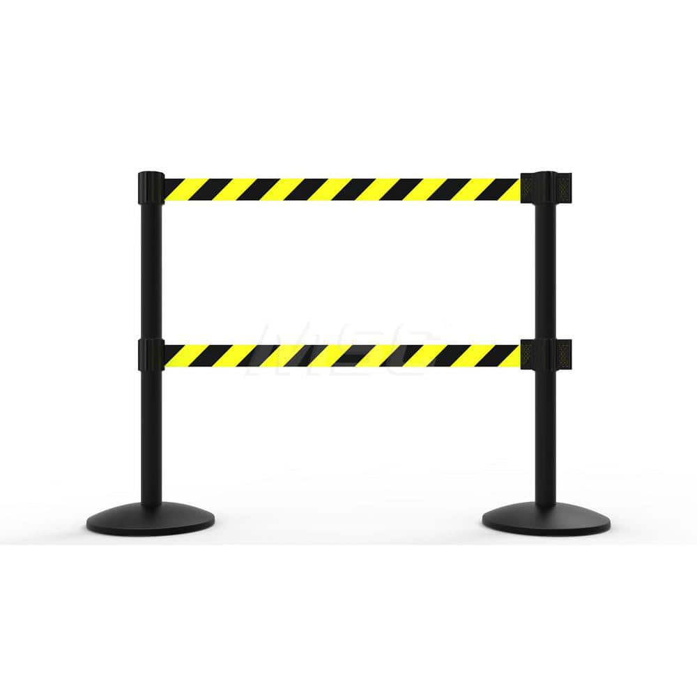 Free Standing Retractable Belt Barrier Post: 40″ High, 2.4″ Dia, Aluminum Post Cast Iron, Black & Yellow