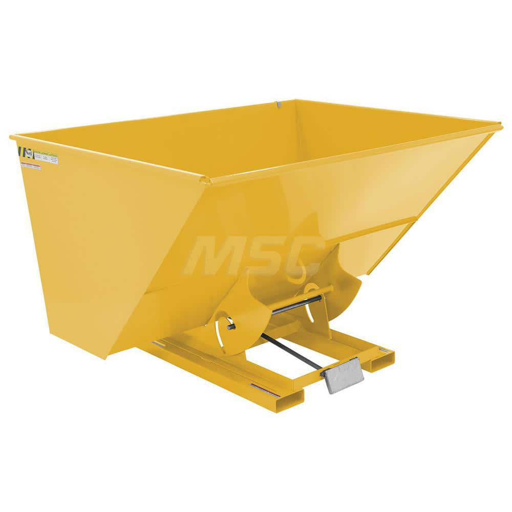 Stationary Tilt Hopper: 2,000 lb Capacity, 82″ Wide, 68.63″ Long, 51.8125″ High Yellow, Powder Coated Steel, Hand Control