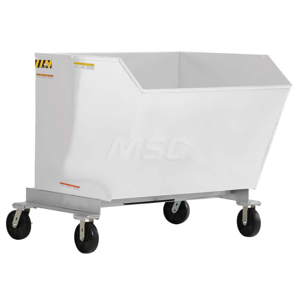 Stationary Tilt Hopper: 2,000 lb Capacity, 59″ Wide, 58.81″ Long, 47.625″ High White, Powder Coated Steel, Hand Control