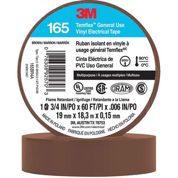 Electrical Tape: 3/4″ Wide, 60' Long, 6 mil Thick, Brown 32 to 194 ° F Operating Temp, 1,000 V/mil, Series 3M ™ Temflex ™ 165