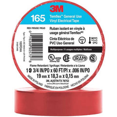 Electrical Tape: 3/4″ Wide, 60' Long, 6 mil Thick, Red 32 to 194 ° F Operating Temp, 1,000 V/mil, Series 3M ™ Temflex ™ 165