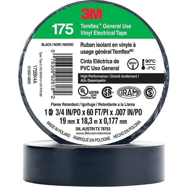 3M - Electrical Tape; Width (Inch): 0.75 ; Length Range: 20" and Larger ; Color: Black ; Material Type: Vinyl ; Length (Feet): 60.000 ; Length (yd): 20.00 - Exact Industrial Supply