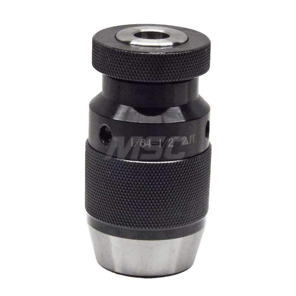 Drill Chuck: 1/64 to 1/2″ Capacity, Jacob Taper Mount, JT2 Keyless