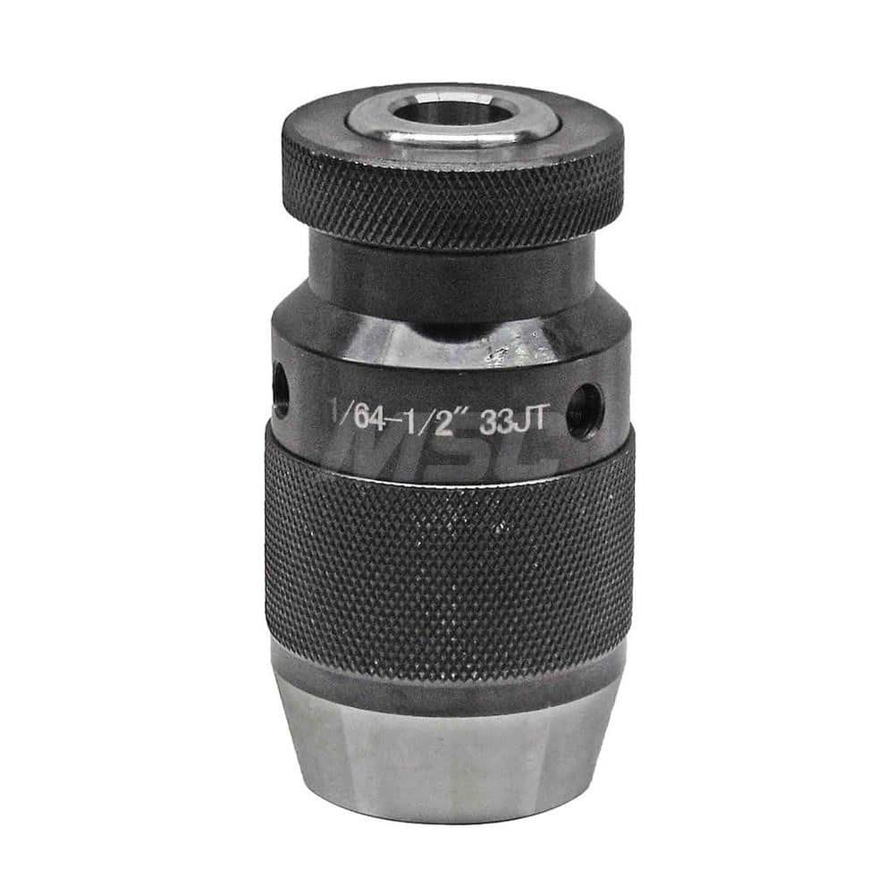 Drill Chuck: 1/64 to 1/2″ Capacity, Jacob Taper Mount, JT33 Keyless