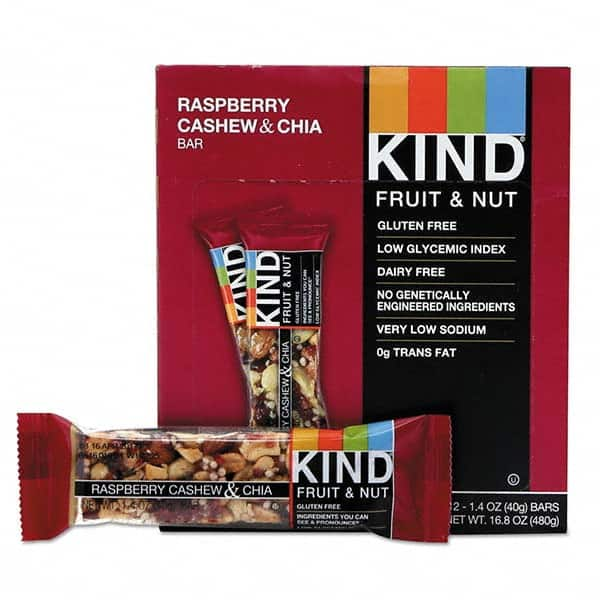 KIND - Snacks, Cookies, Candy & Gum Breakroom Accessory Type: Granola Bars Breakroom Accessory Description: Fruit and Nut Bars, Raspberry Cashew & Chia, 1.4 oz Bar, 12/Box - Best Tool & Supply